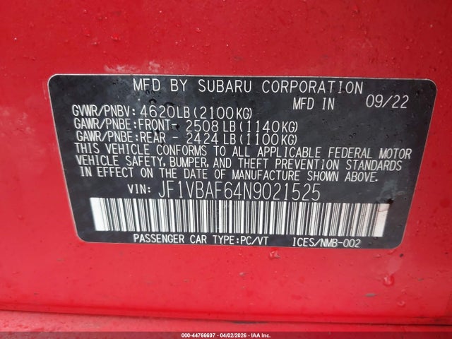 Продажа на аукционе авто 2022 Subaru Wrx Premium, vin: JF1VBAF64N9021525, номер лота: 44766697
