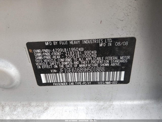 Aukcja sprzedaży 2009 Subaru Impreza 2.5i, vin: JF1GE61689H501888, numer aukcji: 44766698