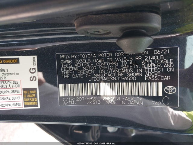 Продаж на аукціоні авто 2022 Toyota Corolla Le, vin: JTDEPMAEXNJ196520, номер лоту: 44766700