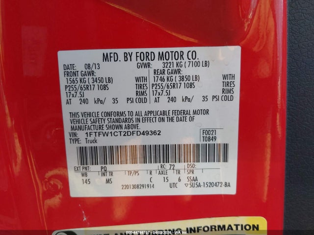 44766707 :رقم المزاد ، 1FTFW1CT2DFD49362 vin ، 2013 Ford F-150 Xlt مزاد بيع