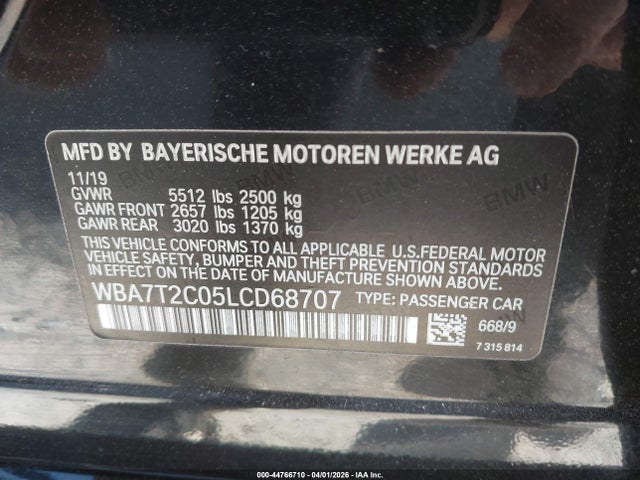 2020 Bmw 740i მანქანა იყიდება აუქციონზე, vin: WBA7T2C05LCD68707, აუქციონის ნომერი: 44766710