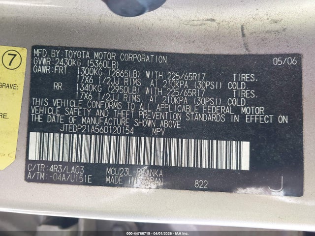 Продажа на аукционе авто 2006 Toyota Highlander Limited V6, vin: JTEDP21A560120154, номер лота: 44766719