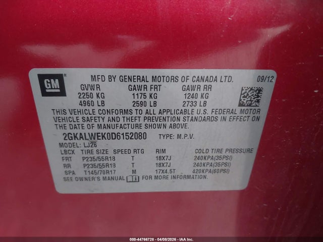 Продажа на аукционе авто 2013 Gmc Terrain Slt-2, vin: 2GKALWEK0D6152080, номер лота: 44766728