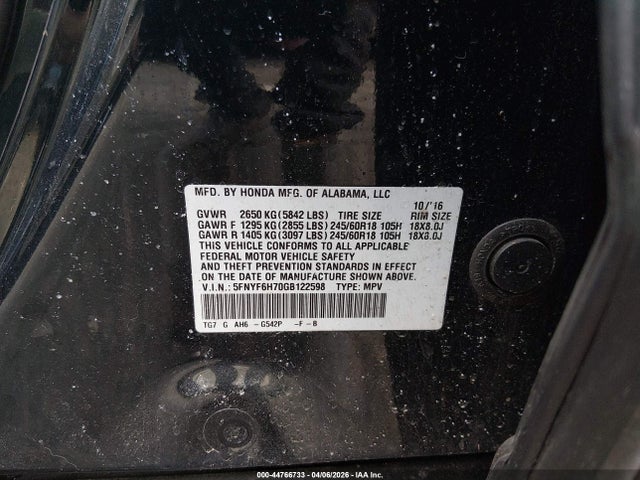 Продажа на аукционе авто 2016 Honda Pilot Ex-l, vin: 5FNYF6H70GB122598, номер лота: 44766733