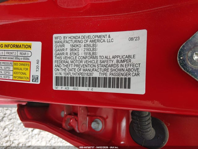 Продажа на аукционе авто 2023 Honda Civic Ex-l/ex-l W/o Bsi, vin: 19XFL1H7XPE018287, номер лота: 44766737