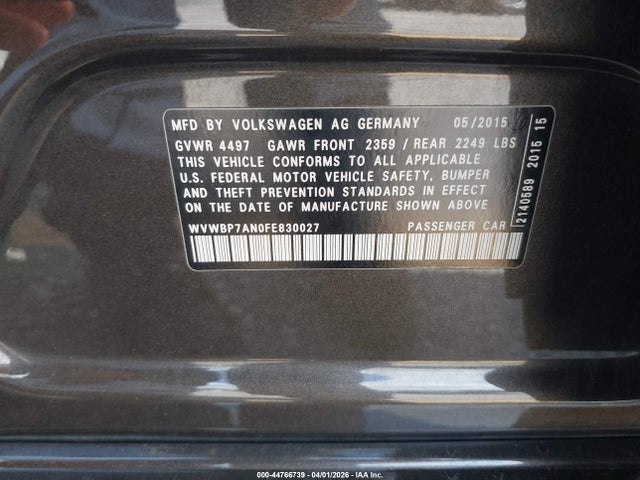 44766739 :رقم المزاد ، WVWBP7AN0FE830027 vin ، 2015 Volkswagen Cc 2.0t R-line مزاد بيع