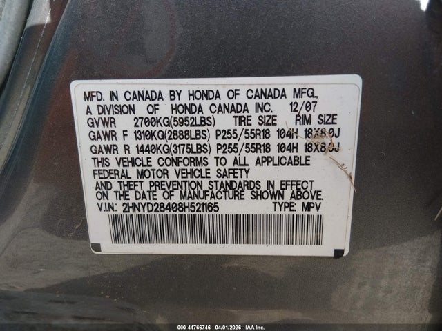2008 Acura Mdx Technology Package მანქანა იყიდება აუქციონზე, vin: 2HNYD28408H521165, აუქციონის ნომერი: 44766746