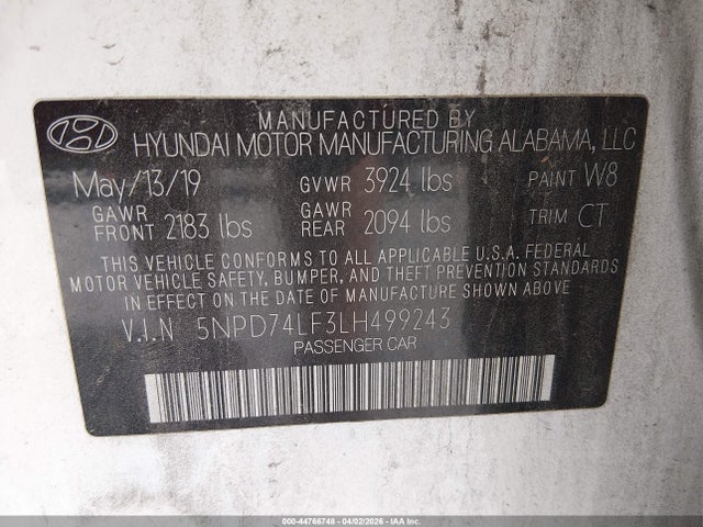 44766748 :رقم المزاد ، 5NPD74LF3LH499243 vin ، 2020 Hyundai Elantra Se مزاد بيع