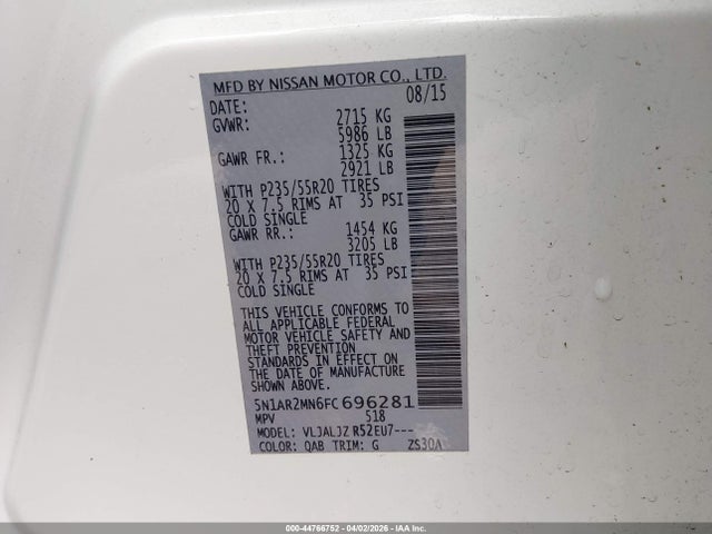 Nissan Pathfinder Platinum 2015 5N1AR2MN6FC696281 Image 9