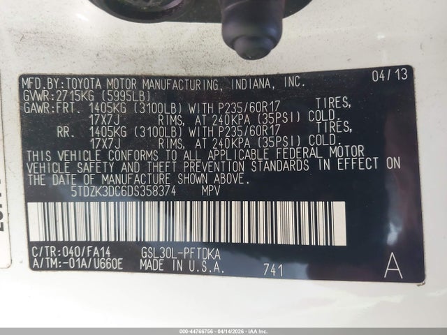 Aukcja sprzedaży 2013 Toyota Sienna L V6 7 Passenger, vin: 5TDZK3DC6DS358374, numer aukcji: 44766756