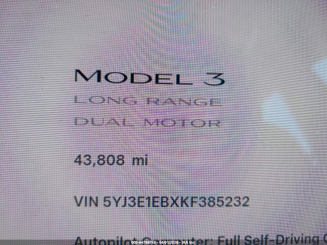 2019 Tesla Model 3 Long Range/performance მანქანა იყიდება აუქციონზე, vin: 5YJ3E1EBXKF385232, აუქციონის ნომერი: 44766755