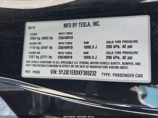2019 Tesla Model 3 Long Range/performance მანქანა იყიდება აუქციონზე, vin: 5YJ3E1EBXKF385232, აუქციონის ნომერი: 44766755