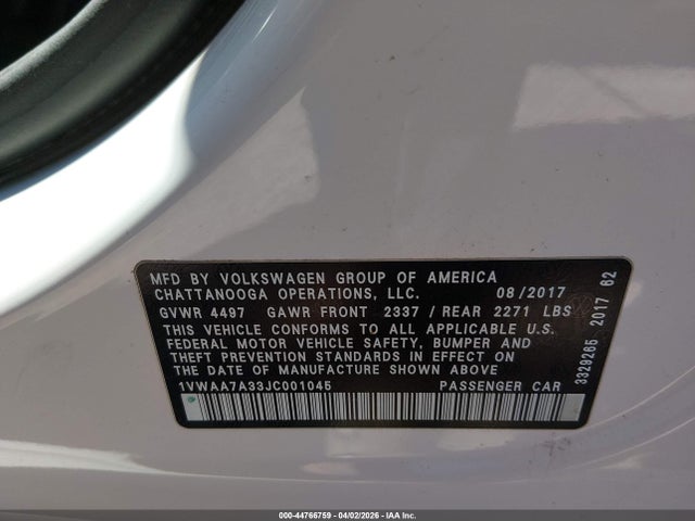 44766759 :رقم المزاد ، 1VWAA7A33JC001045 vin ، 2018 Volkswagen Passat مزاد بيع