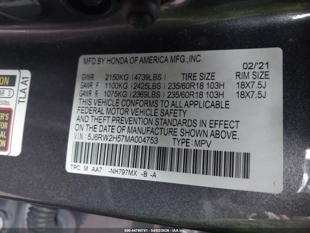 44766761 :رقم المزاد ، 5J6RW2H57MA004753 vin ، 2021 Honda Cr-v Awd Ex مزاد بيع