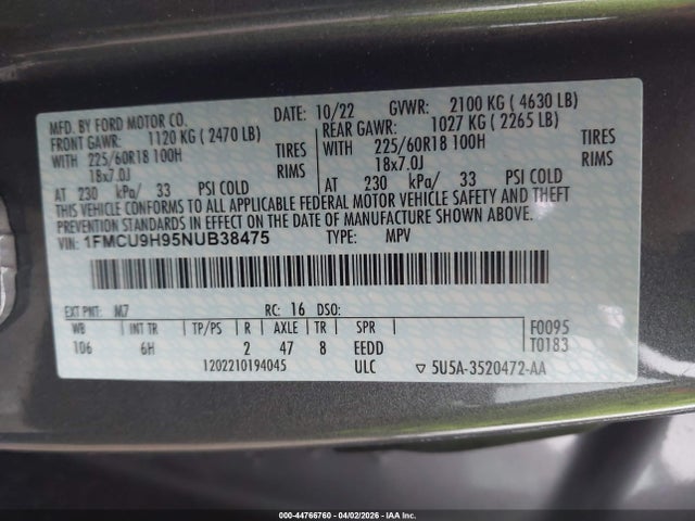 Aukcja sprzedaży 2022 Ford Escape Sel, vin: 1FMCU9H95NUB38475, numer aukcji: 44766760
