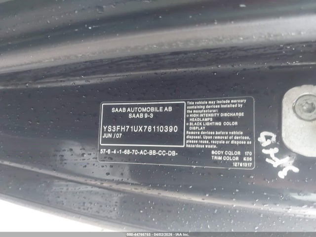Aukcja sprzedaży 2007 Saab 9-3 Aero, vin: YS3FH71UX76110390, numer aukcji: 44766765