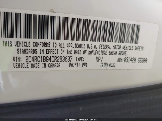 2012 Chrysler Town & Country Touring მანქანა იყიდება აუქციონზე, vin: 2C4RC1BG4CR293037, აუქციონის ნომერი: 44766772