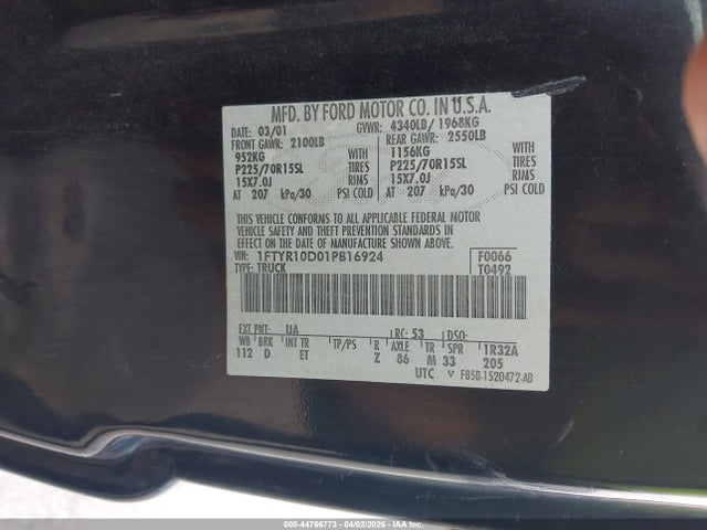 Продажа на аукционе авто 2001 Ford Ranger Xl/xlt, vin: 1FTYR10D01PB16924, номер лота: 44766773