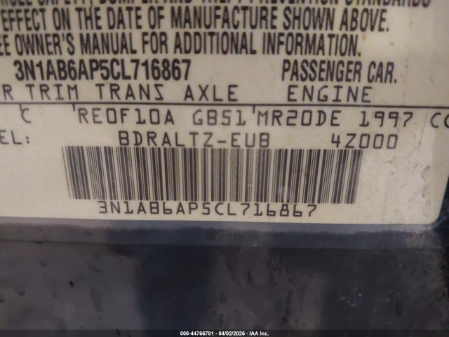 44766781 :رقم المزاد ، 3N1AB6AP5CL716867 vin ، 2012 Nissan Sentra 2.0 S مزاد بيع