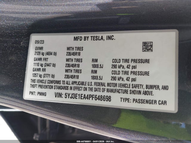 Продажа на аукционе авто 2023 Tesla Model 3 Rear-wheel Drive, vin: 5YJ3E1EA4PF648698, номер лота: 44766801