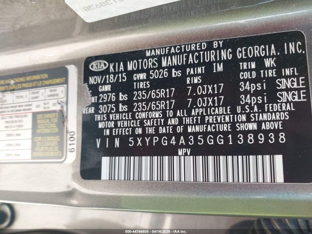 2016 Kia Sorento 2.4l Lx მანქანა იყიდება აუქციონზე, vin: 5XYPG4A35GG138938, აუქციონის ნომერი: 44766805