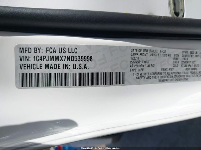 Продажа на аукционе авто 2022 Jeep Cherokee Latitude Lux 4x4, vin: 1C4PJMMX7ND539998, номер лота: 44766815