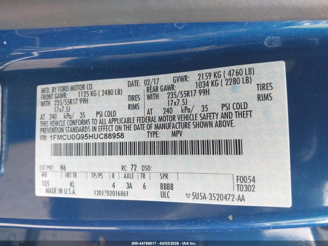 Продаж на аукціоні авто 2017 Ford Escape Se, vin: 1FMCU0G95HUC88958, номер лоту: 44766817