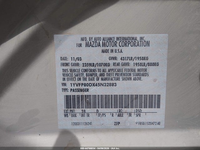 Aukcja sprzedaży 2004 Mazda Mazda6 S, vin: 1YVFP80DX45N32883, numer aukcji: 44766834