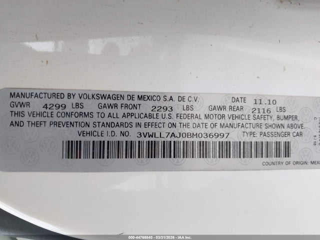 Продажа на аукционе авто 2011 Volkswagen Jetta 2.0l Tdi, vin: 3VWLL7AJ0BM036997, номер лота: 44766840