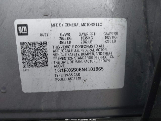 Продаж на аукціоні авто 2022 Chevrolet Bolt Ev Fwd 2lt, vin: 1G1FX6S06N4101865, номер лоту: 44766841