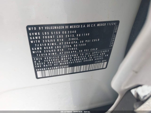 Aukcja sprzedaży 2024 Volkswagen Tiguan 2.0t Wolfsburg Edition, vin: 3VV6B7AX3RM225999, numer aukcji: 44766848