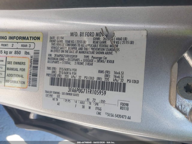 Ford FUSION S 2015 3FA6P0G71FR105959 Image 9
