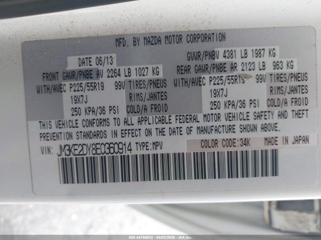 44766932 :رقم المزاد ، JM3KE2DY8E0360914 vin ، 2014 Mazda Cx-5 Grand Touring مزاد بيع