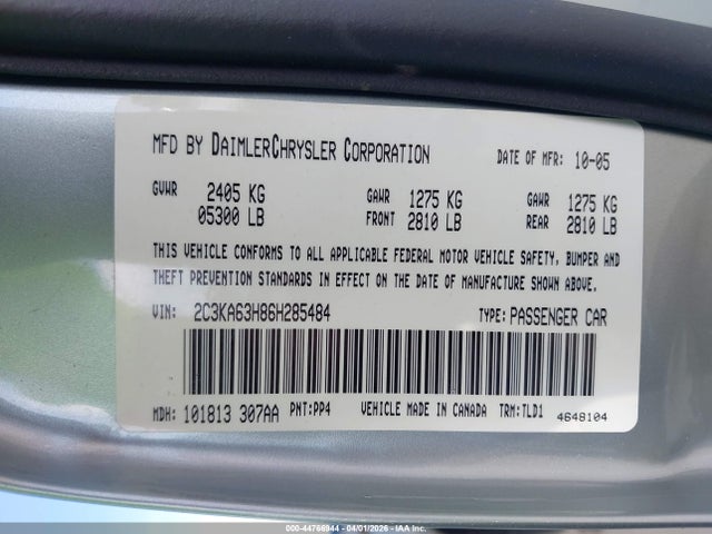 2006 Chrysler 300c მანქანა იყიდება აუქციონზე, vin: 2C3KA63H86H285484, აუქციონის ნომერი: 44766944