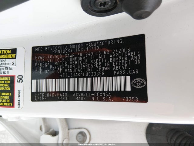 Продаж на аукціоні авто 2020 Toyota Camry Le Hybrid, vin: 4T1L31AK1LU523398, номер лоту: 44766960
