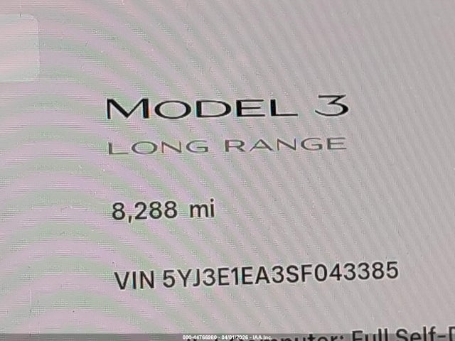 2025 Tesla Model 3 Long Range Rear-wheel Drive/standard Rear-wheel Drive მანქანა იყიდება აუქციონზე, vin: 5YJ3E1EA3SF043385, აუქციონის ნომერი: 44766980
