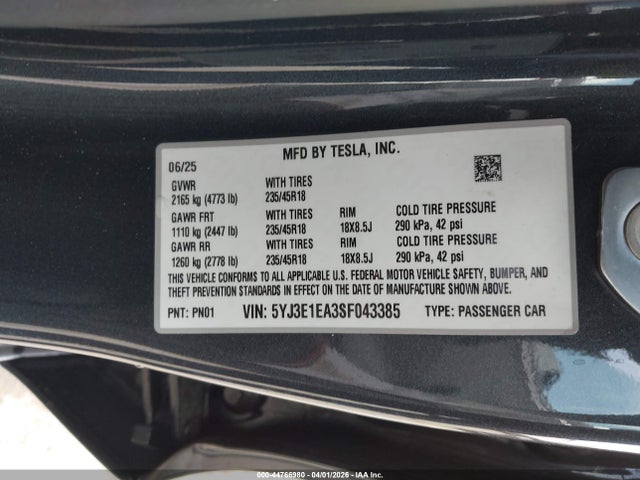 2025 Tesla Model 3 Long Range Rear-wheel Drive/standard Rear-wheel Drive მანქანა იყიდება აუქციონზე, vin: 5YJ3E1EA3SF043385, აუქციონის ნომერი: 44766980