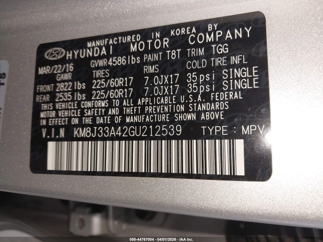 Aukcja sprzedaży 2016 Hyundai Tucson Se, vin: KM8J33A42GU212539, numer aukcji: 44767004