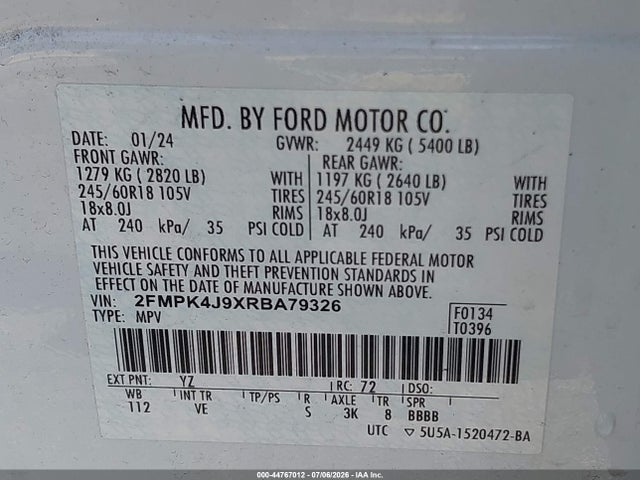 Продажа на аукционе авто 2024 Ford Edge Sel, vin: 2FMPK4J9XRBA79326, номер лота: 44767012