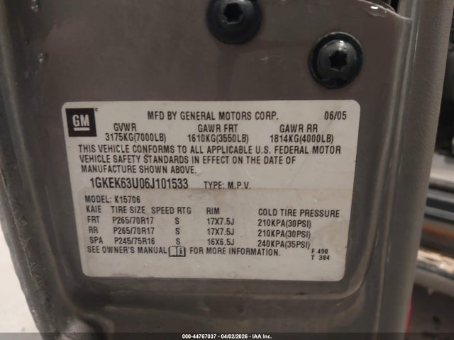44767037 :رقم المزاد ، 1GKEK63U06J101533 vin ، 2006 Gmc Yukon Denali مزاد بيع