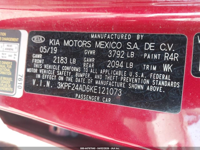 Продажа на аукционе авто 2019 Kia Forte Lxs, vin: 3KPF24AD6KE121073, номер лота: 44767040