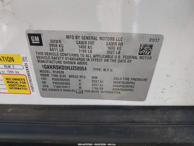 Aukcja sprzedaży 2017 Gmc Acadia Limited, vin: 1GKKRSKD3HJ258954, numer aukcji: 44767043
