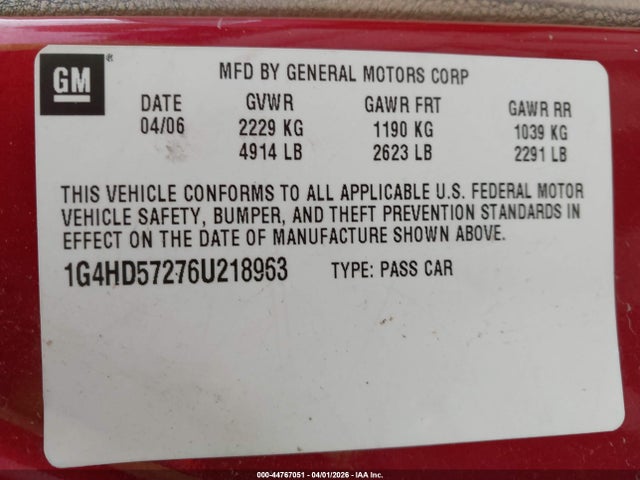 2006 Buick Lucerne Cxl მანქანა იყიდება აუქციონზე, vin: 1G4HD57276U218963, აუქციონის ნომერი: 44767051