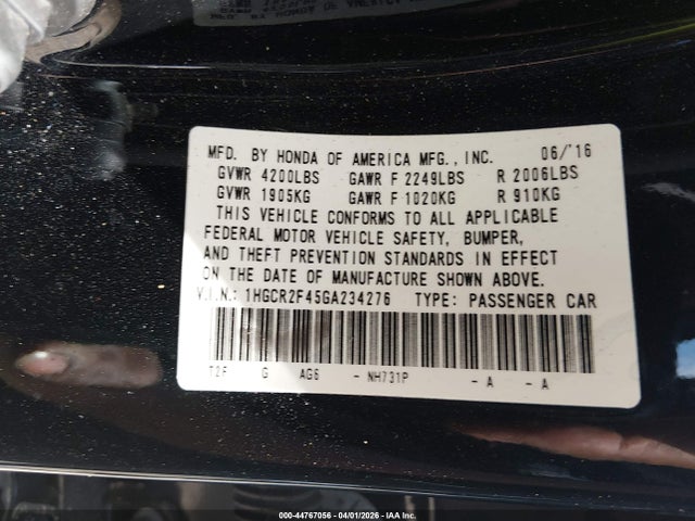 2016 Honda Accord Lx მანქანა იყიდება აუქციონზე, vin: 1HGCR2F45GA234276, აუქციონის ნომერი: 44767056