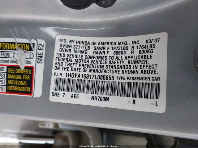 44767073 :رقم المزاد ، 1HGFA16817L085855 vin ، 2007 Honda Civic Ex مزاد بيع