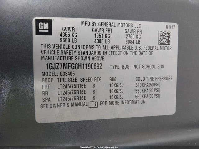 2017 Gmc Savana 3500 Lt მანქანა იყიდება აუქციონზე, vin: 1GJZ7MFG8H1190692, აუქციონის ნომერი: 44767076
