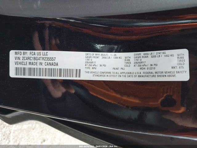 Продажа на аукционе авто 2026 Chrysler Pacifica Select, vin: 2C4RC1BG4TR235557, номер лота: 44767083