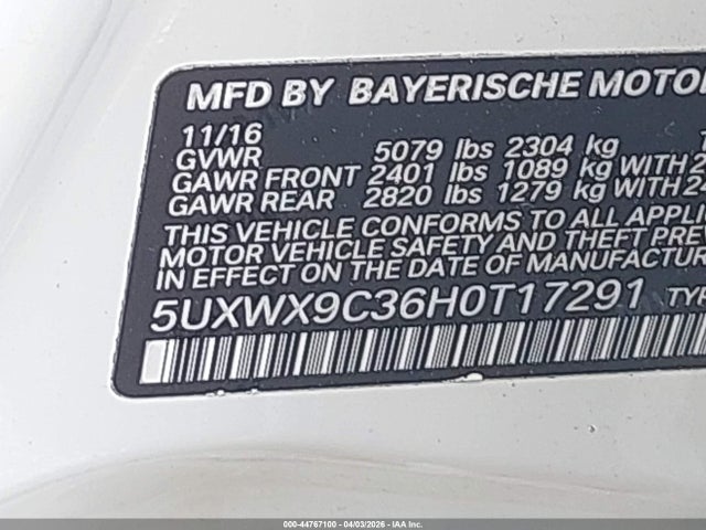 Продаж на аукціоні авто 2017 Bmw X3 Xdrive28i, vin: 5UXWX9C36H0T17291, номер лоту: 44767100