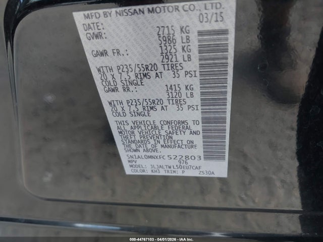 2015 Infiniti Qx60 მანქანა იყიდება აუქციონზე, vin: 5N1AL0MNXFC522803, აუქციონის ნომერი: 44767103