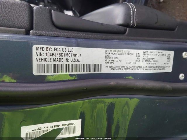 44767107 :رقم المزاد ، 1C4RJFBG1MC779107 vin ، 2021 Jeep Grand Cherokee 80th Anniversary 4x4 مزاد بيع